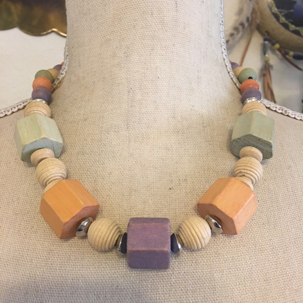 Vintage colorful geometric wood bead necklace